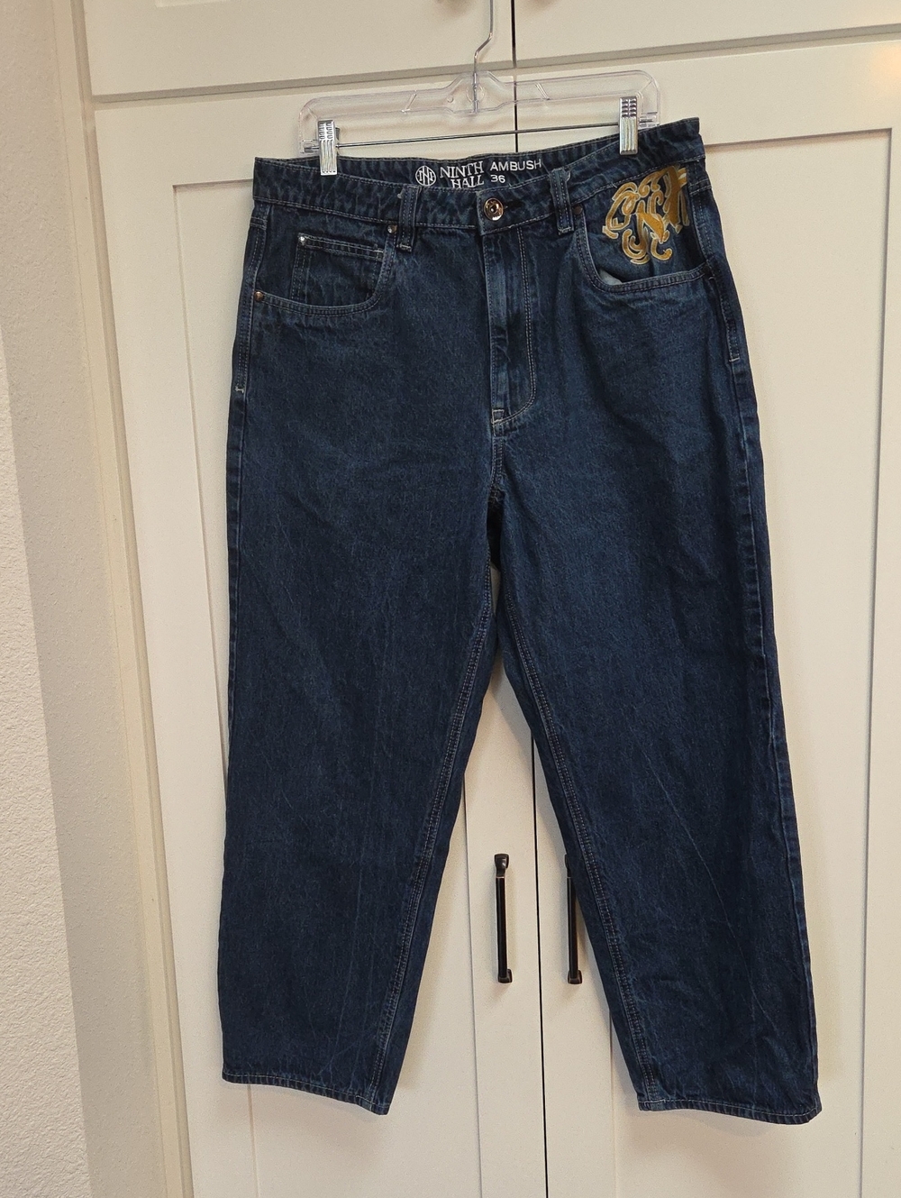 Ninth Ambush Dark Blue Bootcut Baggy Jeans with Embroidered Detail